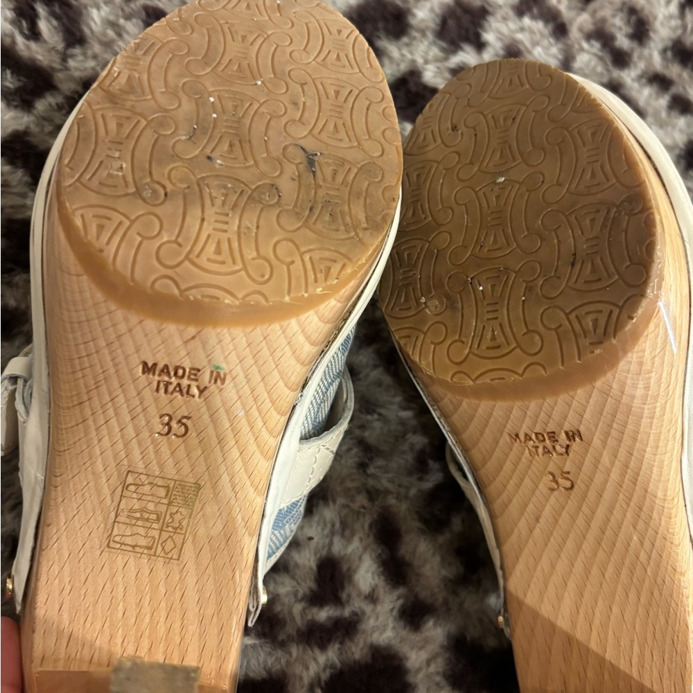 Women’s Blue and White Slip-On Wedge Mule with Gold Accents - Picture 5 of 7